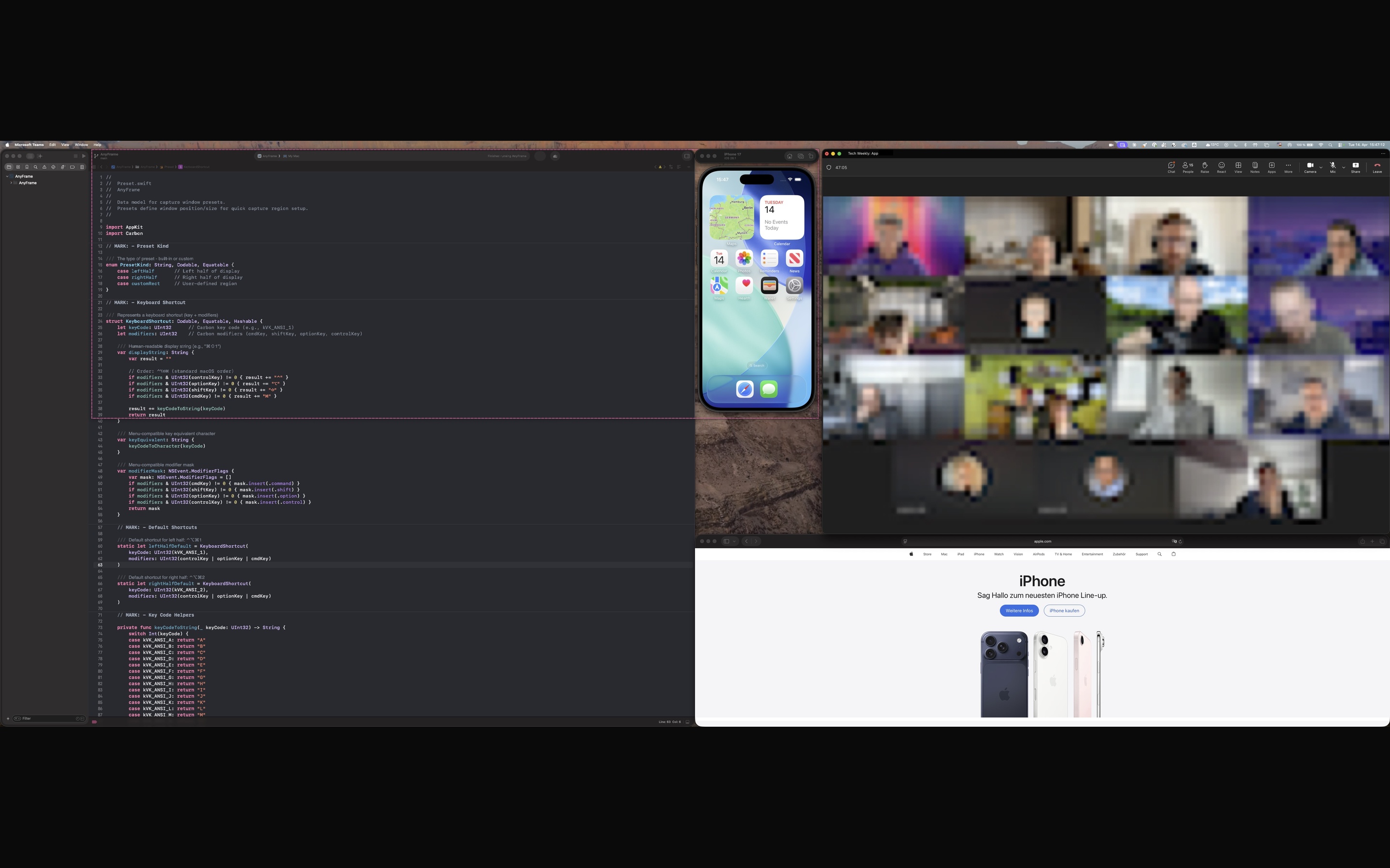 Your full Mac screen — code editor, iPhone simulator, messy Zoom tile, a browser.